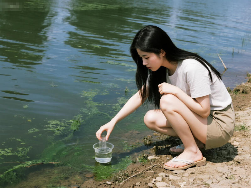 户外河水边正在取水样准备化验